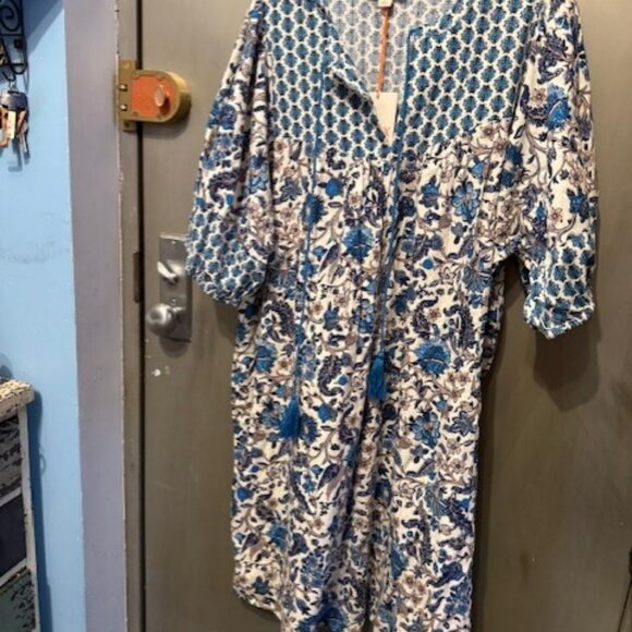 Retro Puff Sleeve Blue Bohemian Floral Tassel Tie Dress - Picture 10 of 16